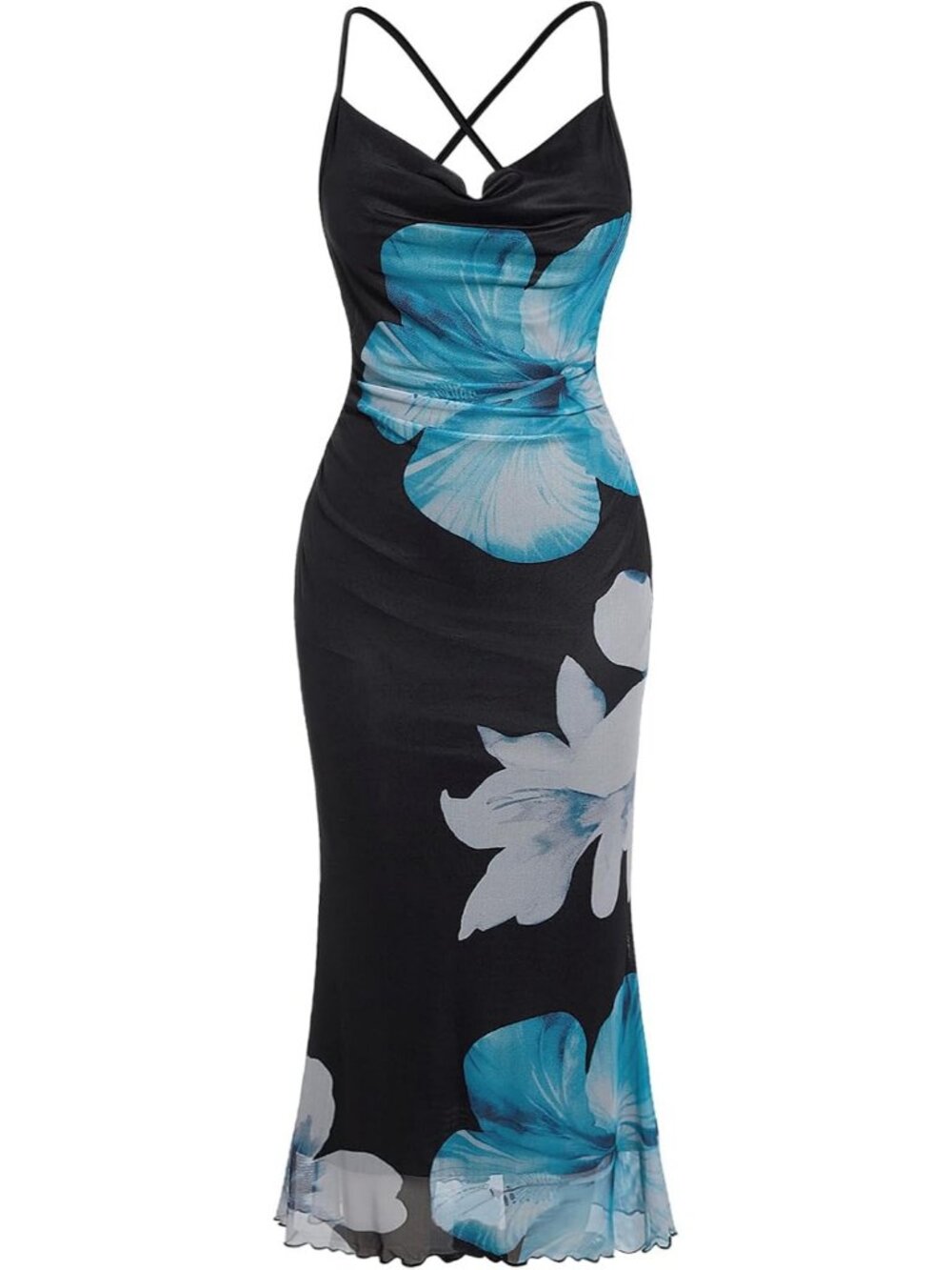 Women's Blue Floral Summer Mesh Cami Cocktail Cowl Neck Sleeveless Maxi Dress